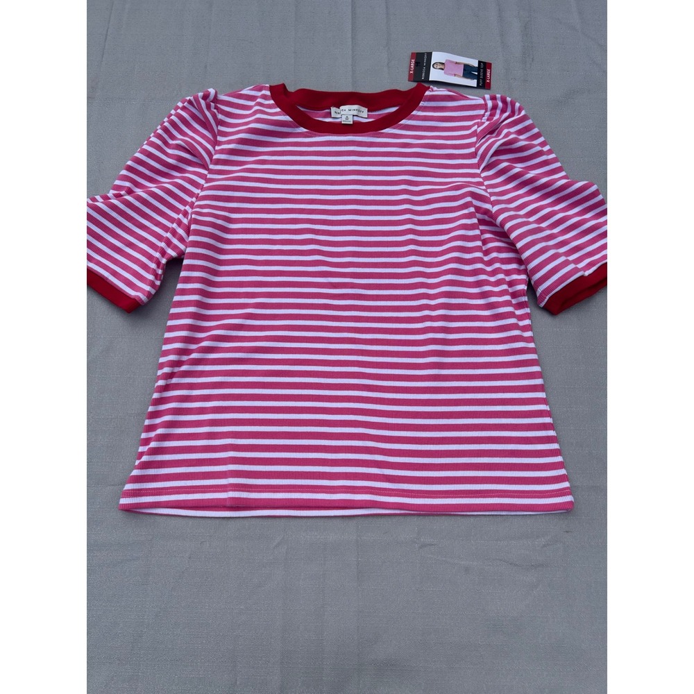 Rebecca Minkoff Women Puff Sleeve Top XL Pink Stripe Ribbed Ringer Tee Casual